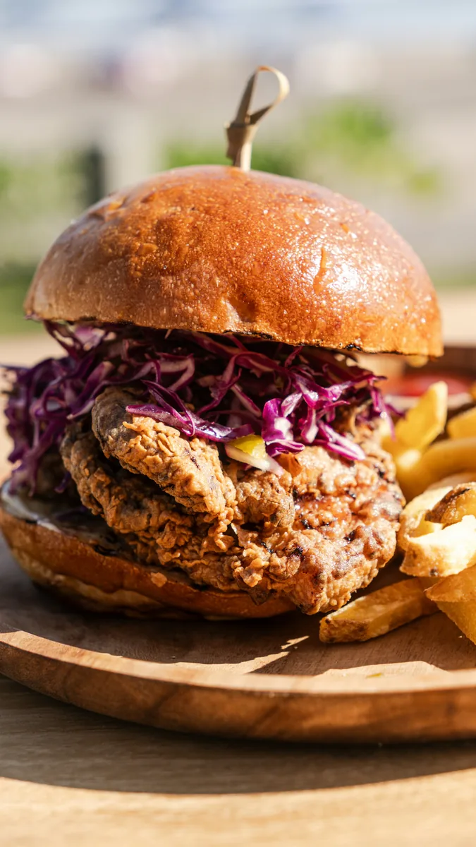 Demo fried chicken sandwich photo used for this concept; not authentic HK Crunchy photography